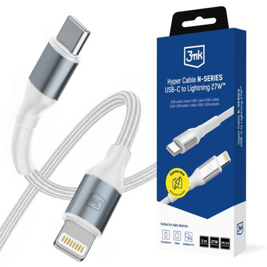 Kabel do danych i ładowania USB-C - Lightning 3MK Hyper N, 27W, 2m, biały