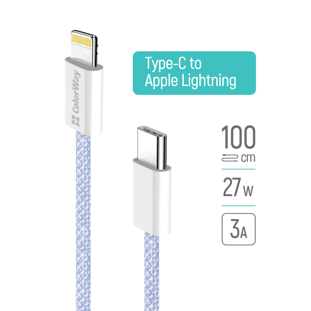 Kabel do danych i ładowania USB-C - Lightning ColorWay CW-CBPDCL061, 27W, 1m, Fioletowy