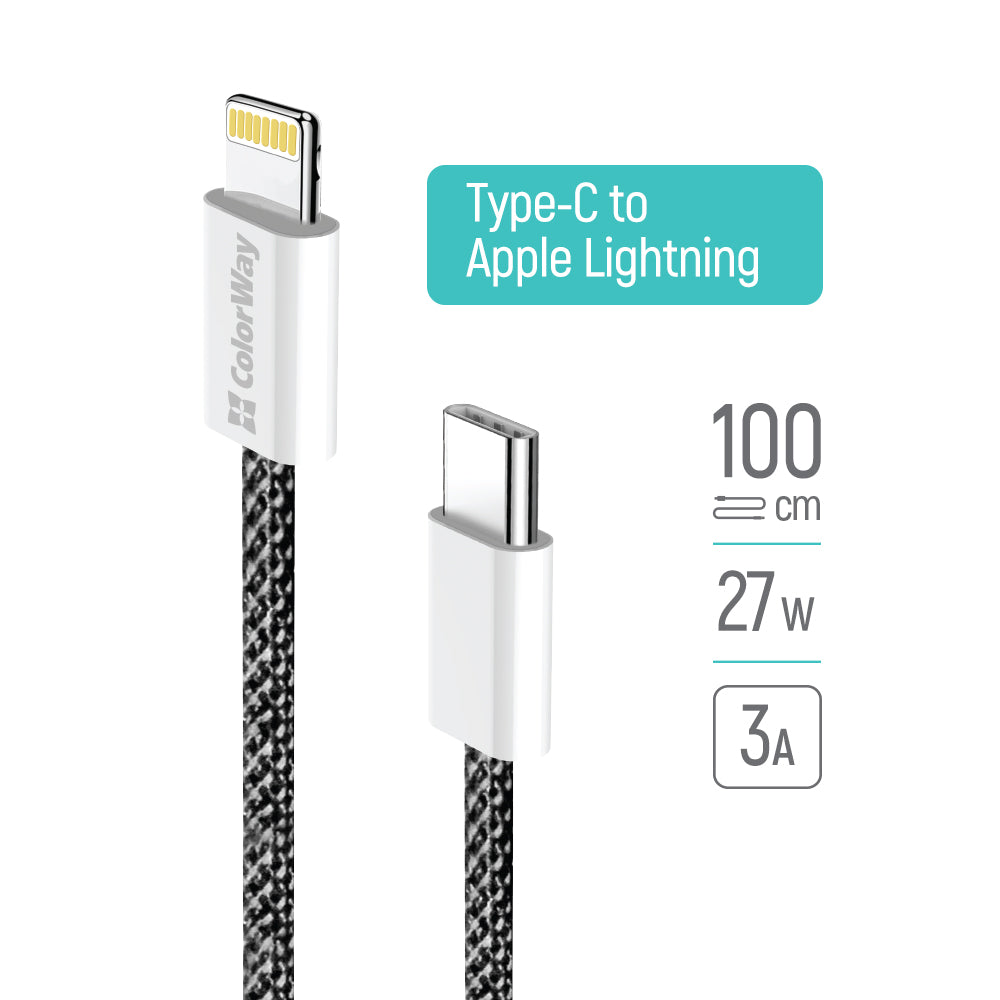 Kabel do danych i ładowania USB-C - Lightning ColorWay CW-CBPDCL061, 27W, 1m, Czarny