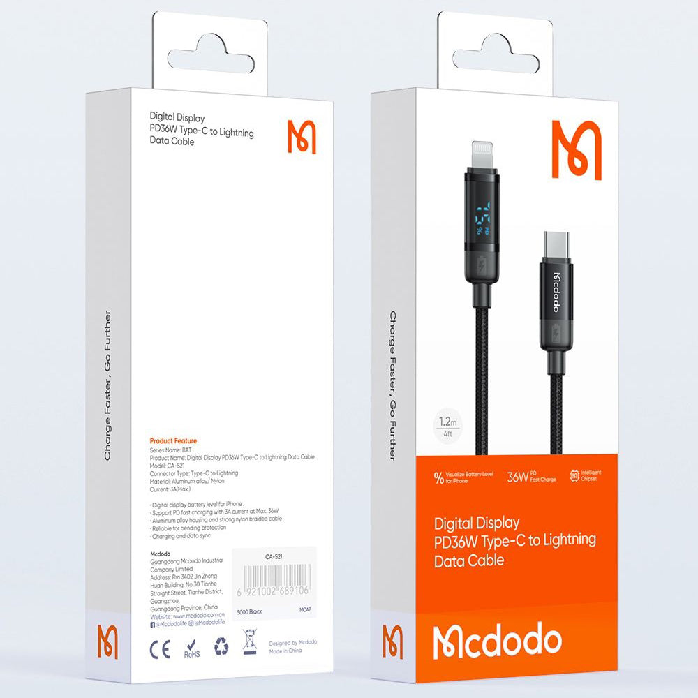 Kabel do danych i ładowania USB-C - Lightning McDodo CA-5210 Bat Display, 36W, 1.2m, Czarny