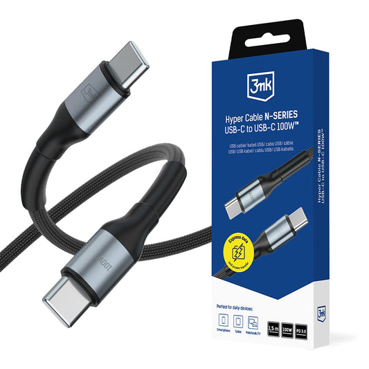Kabel do danych i ładowania USB-C - USB-C 3MK Hyper N, 100W, 1,5m, czarny