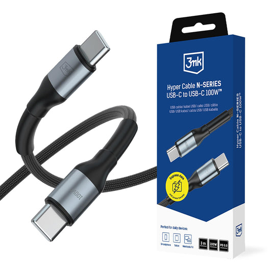 Kabel do danych i ładowania USB-C - USB-C 3MK Hyper N, 100W, 3m, Czarny