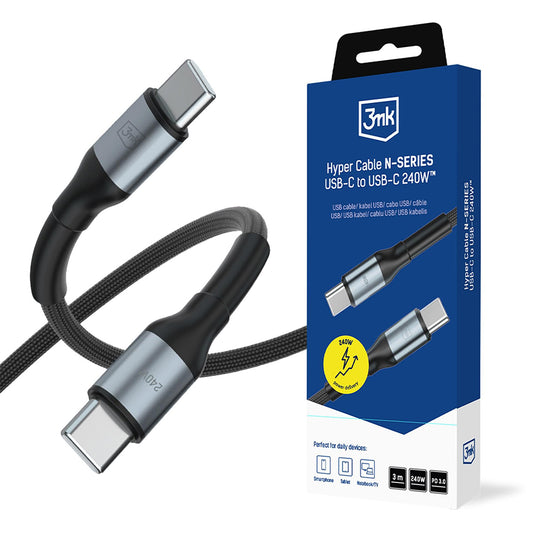 Kabel do danych i ładowania USB-C - USB-C 3MK Hyper N Thunderbolt 4, 240W, 3m, Czarny