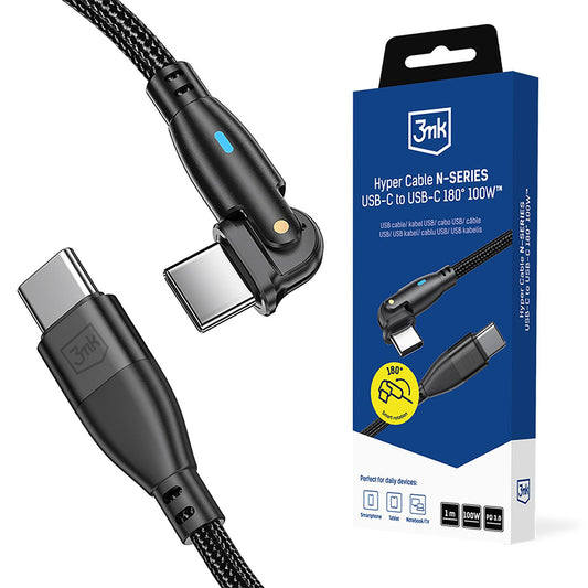 Kabel do danych i ładowania USB-C - USB-C 3MK Hyper N Angled, 100W, 1m, Czarny