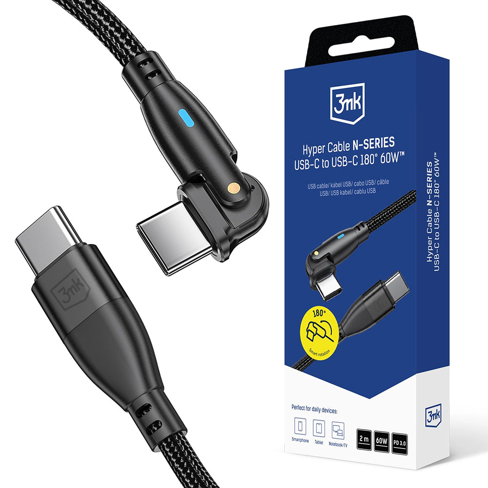 Kabel do danych i ładowania USB-C - USB-C 3MK Hyper N Angled, 60W, 2m, Czarny