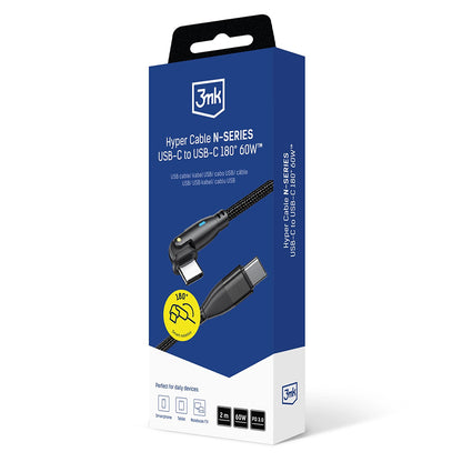 Kabel do danych i ładowania USB-C - USB-C 3MK Hyper N Angled, 60W, 2m, Czarny