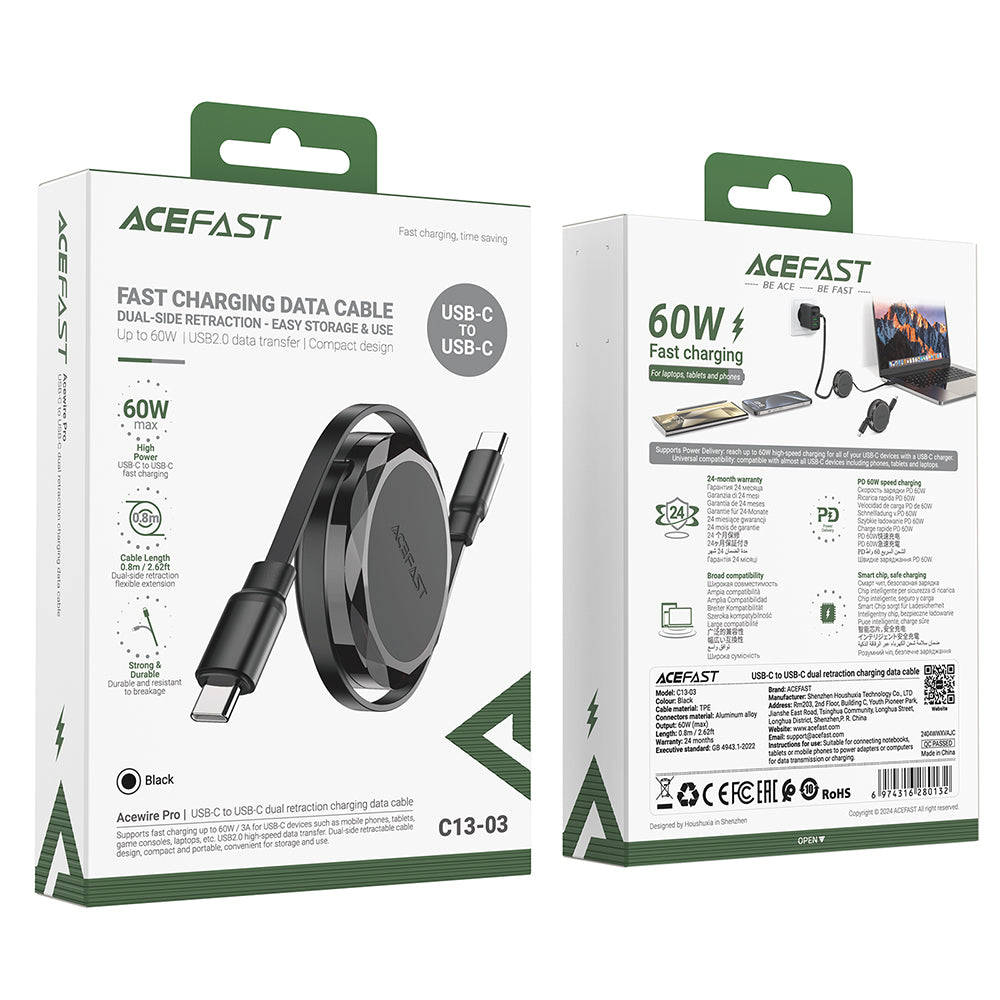 Kabel do danych i ładowania USB-C - USB-C Acefast C13-03, 60W, 0.8m, Czarny