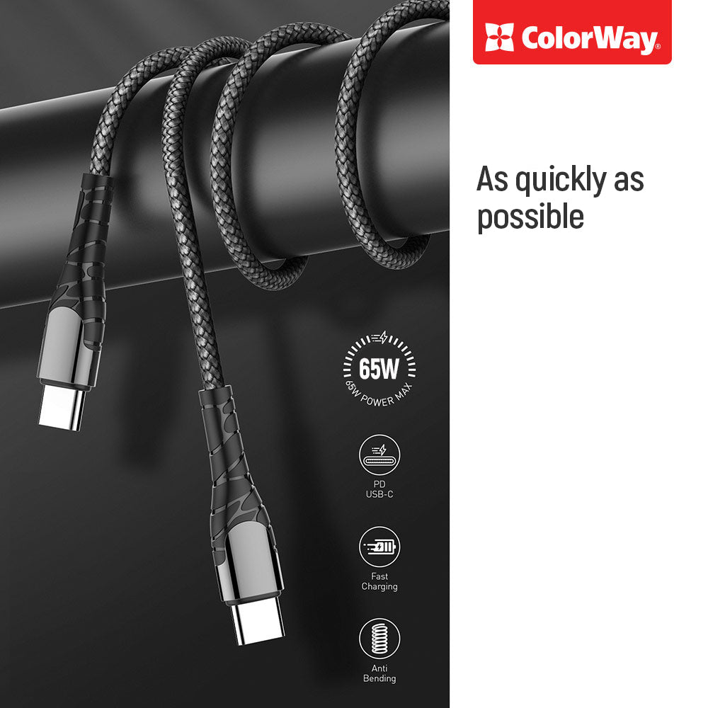 Kabel do danych i ładowania USB-C - USB-C ColorWay CW-CBPDCC040, 65W, 1m, Szary
