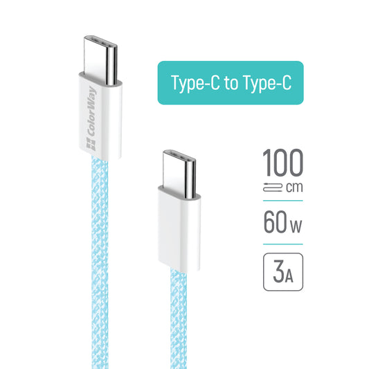 Kabel do danych i ładowania USB-C - USB-C ColorWay CW-CBPDCC061, 60W, 1m, Niebieski