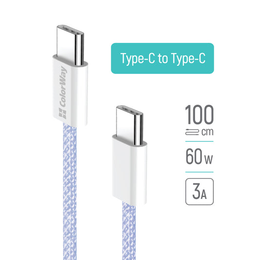 Kabel do danych i ładowania USB-C - USB-C ColorWay CW-CBPDCC061, 60W, 1m, Fioletowy