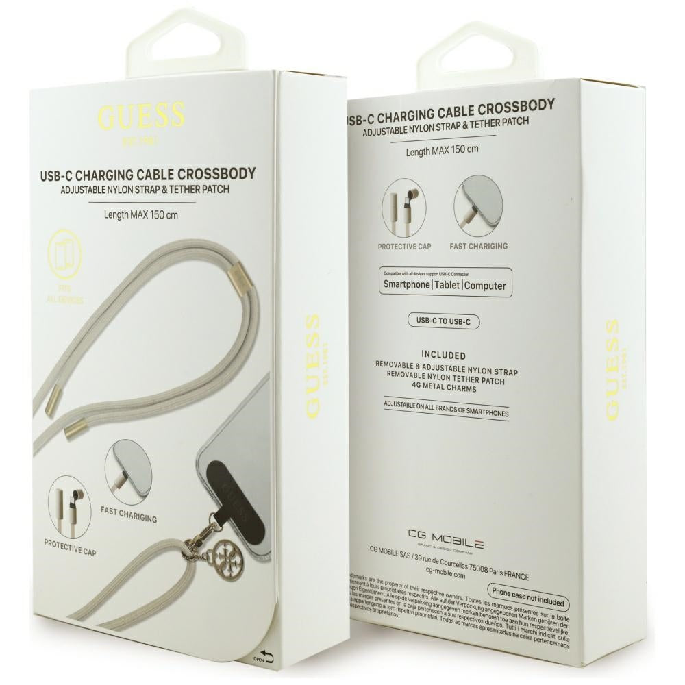 Kabel do danych i ładowania USB-C - USB-C Guess CBDY 4G Charm, 100W, 1,5m, Beżowy