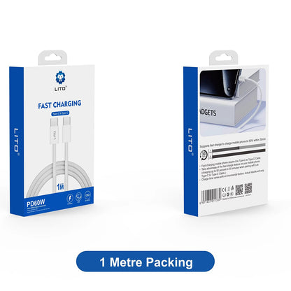 Kabel do danych i ładowania USB-C - USB-C Lito LD04CC, 60W, 1m, Biały
