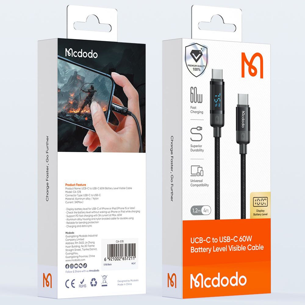 Kabel do danych i ładowania USB-C - USB-C McDodo CA-5780 Bat Display, 60W, 1.2m, Czarny