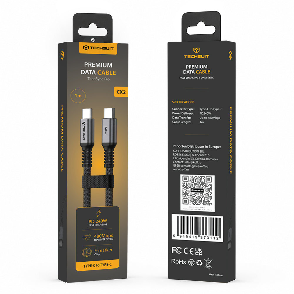 USB-C Data and Charging Cable - USB-C Techsuit TitanSync Pro CX2, 240W, 1m, Gray
