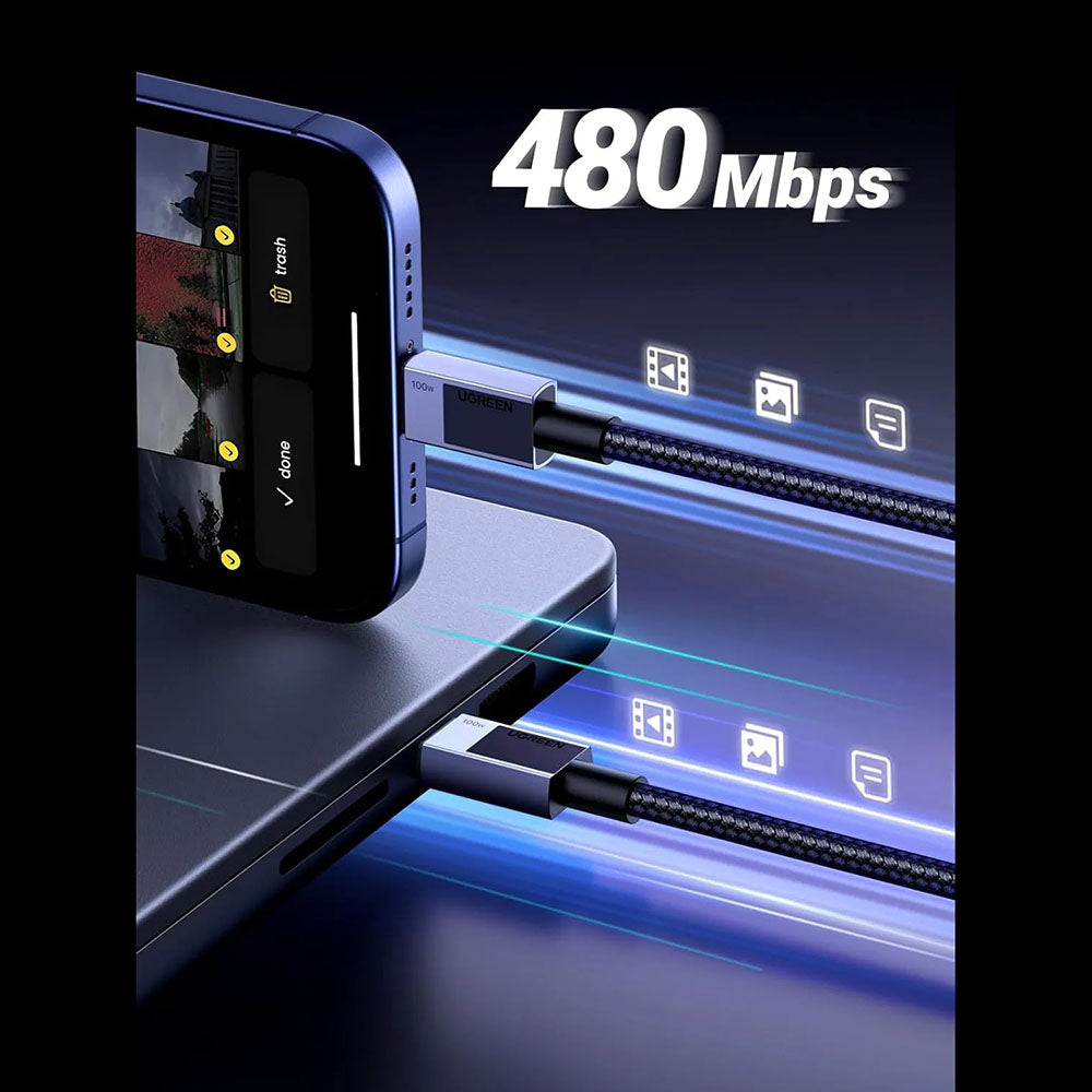 Kabel do danych i ładowania USB-C - USB-C UGREEN L512, 100W, 1m, Szary