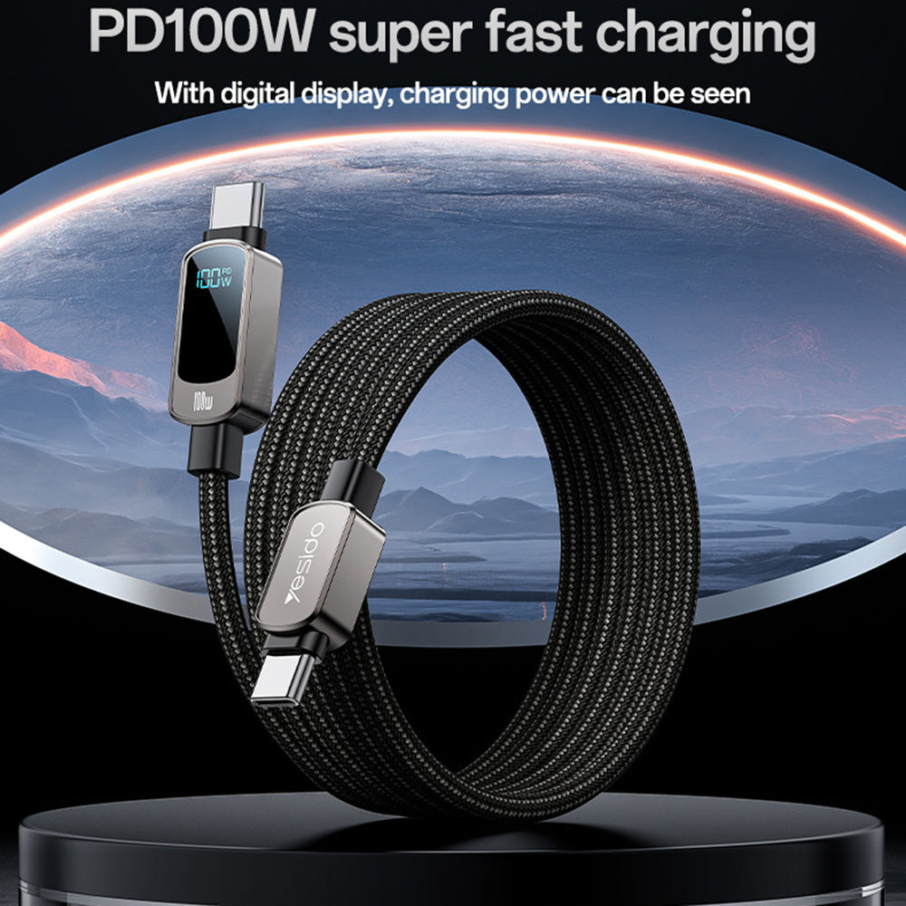 Kabel do danych i ładowania USB-C - USB-C Yesido CA179 Display, 100W, 1.2m, Czarny