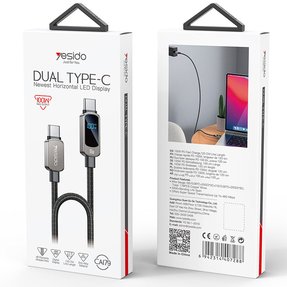 Kabel do danych i ładowania USB-C - USB-C Yesido CA179 Display, 100W, 1.2m, Czarny