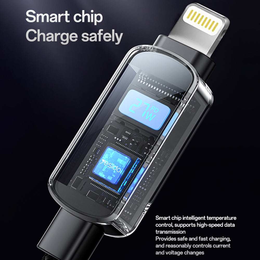 Kabel do danych i ładowania USB-C - USB-C Yesido CA180 Display, 27W, 1.2m, Czarny