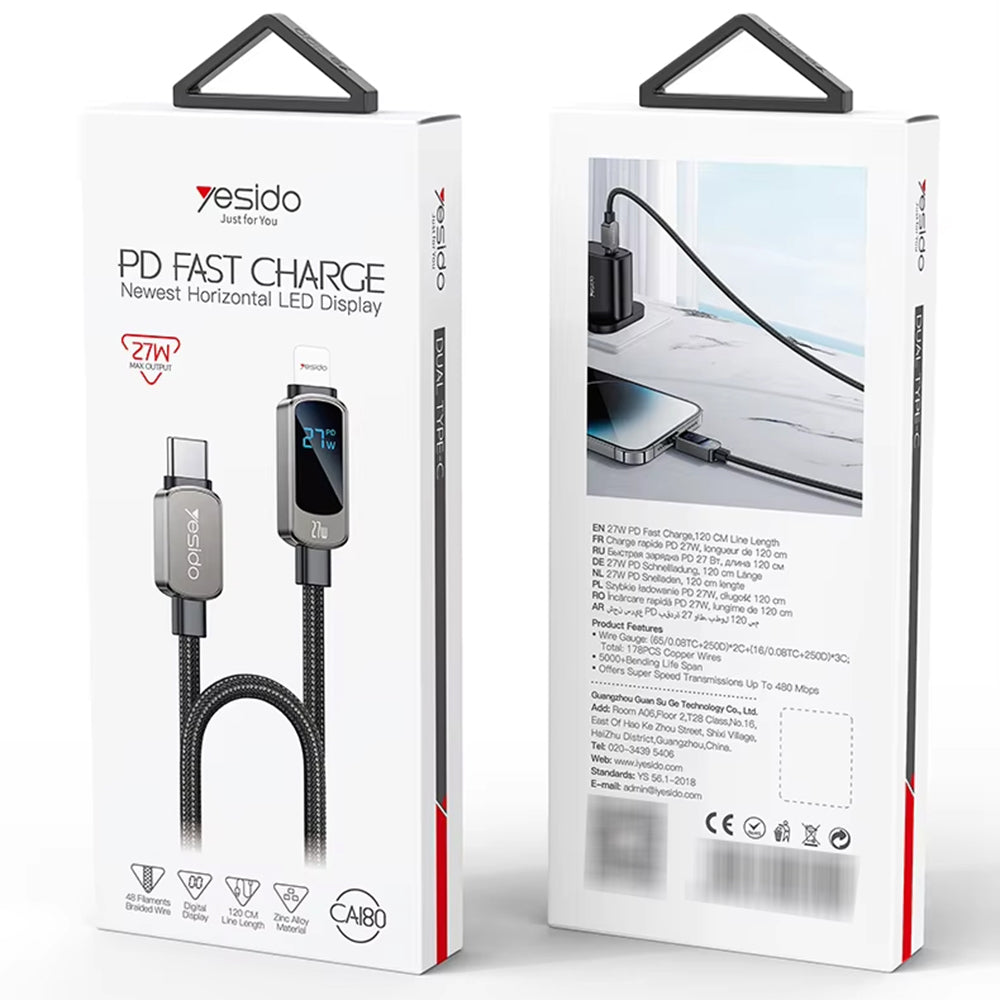 Kabel do danych i ładowania USB-C - USB-C Yesido CA180 Display, 27W, 1.2m, Czarny