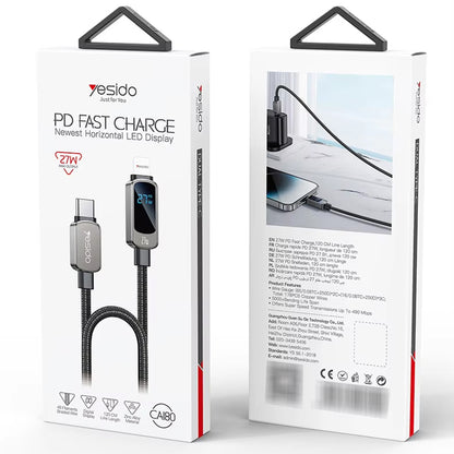 Kabel do danych i ładowania USB-C - USB-C Yesido CA180 Display, 27W, 1.2m, Czarny