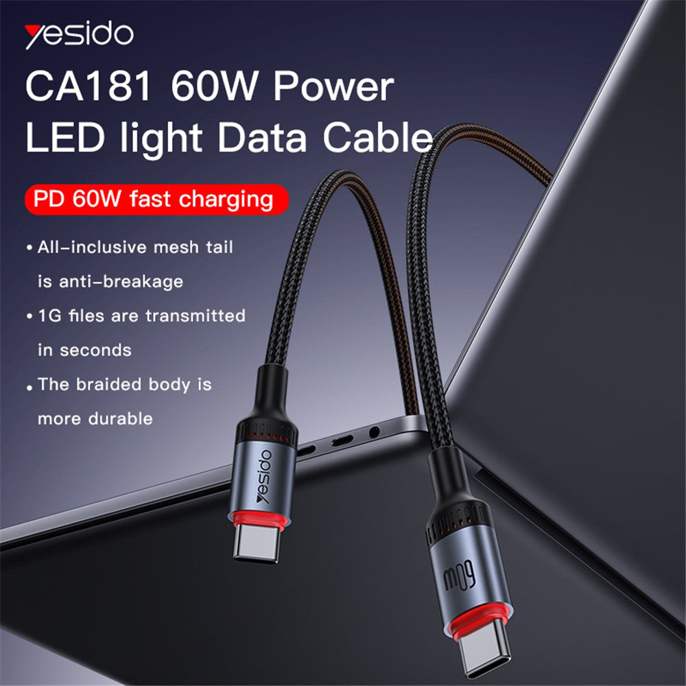 Kabel do danych i ładowania USB-C - USB-C Yesido CA181, 60W, 1.2m, Czarny