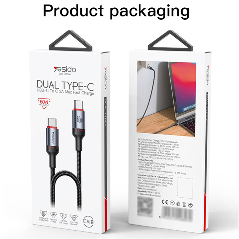 Kabel do danych i ładowania USB-C - USB-C Yesido CA181, 60W, 1.2m, Czarny