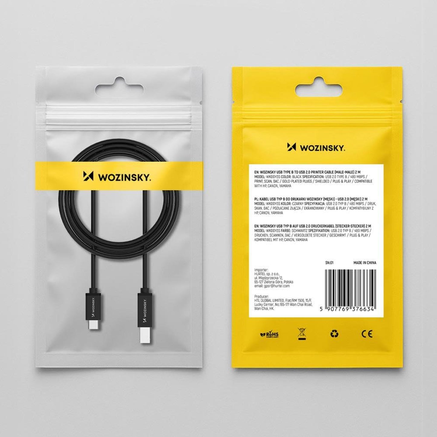 Kabel do drukarki WZK WKDDY1S, USB-C - USB-B, 1m, Czarny
