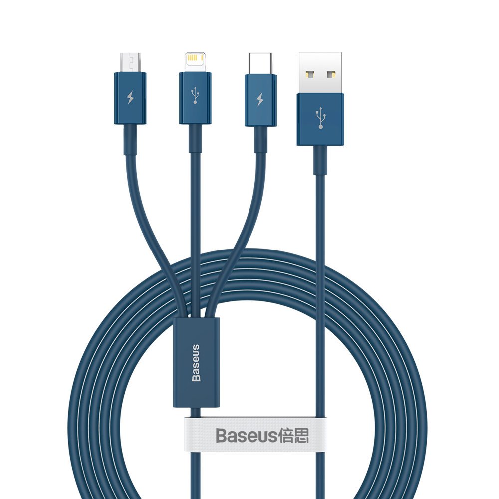 Kabel ładujący USB-A - Lightning / microUSB / USB-C Baseus Superior 3w1 Series, 20W, 1,5m, niebieski CAMLTYS-03 