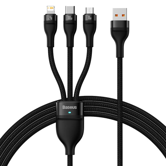 Kabel ładowania USB-A - Lightning / microUSB / USB-C Baseus Flash Series II 3w1, 100W, 1.2m, Czarny CASS030001
