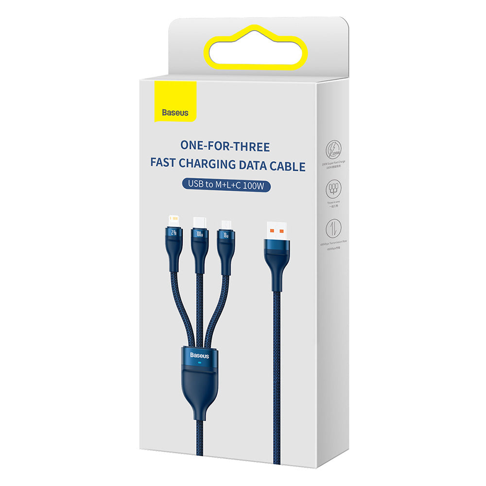 Kabel ładowania USB-A - Lightning / microUSB / USB-C Baseus Flash Series II 3w1, 100W, 1.2m, Niebieski CASS030003