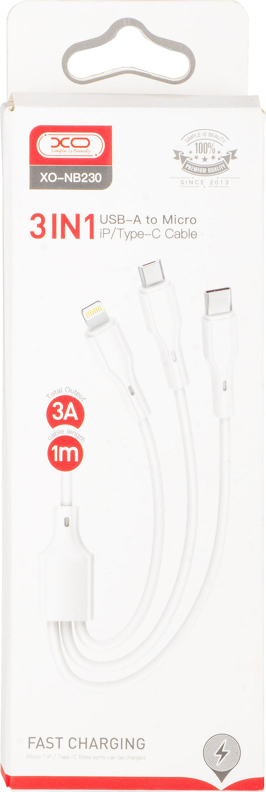 Kabel ładowania USB-A - Lightning / microUSB / USB-C XO Design NB230 3w1, 20W, 1m, Biały