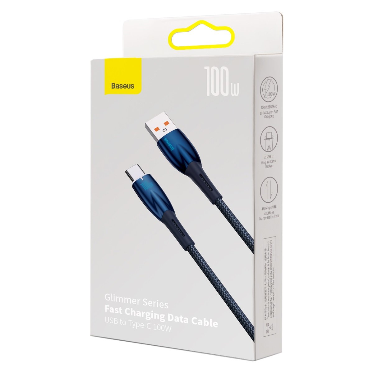 Kabel USB-A do USB-C Baseus Glimmer Series do ładowania i transmisji danych, 100 W, 1 m, niebieski