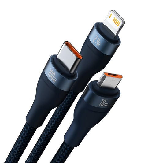 Kabel ładowania USB-A - Lightning / microUSB / USB-C Baseus Flash Series II 3w1, 100W, 1.2m, Niebieski CASS030003