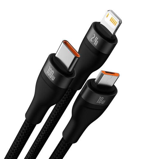 Kabel ładowania USB-A - Lightning / microUSB / USB-C Baseus Flash Series II 3w1, 100W, 1.2m, Czarny CASS030001