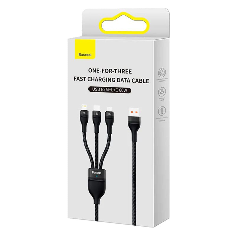 Kabel Ładowania USB-A - Lightning / microUSB / USB-C Baseus Flash Series II 3w1, 66W, 1.2m, Czarny CASS040001