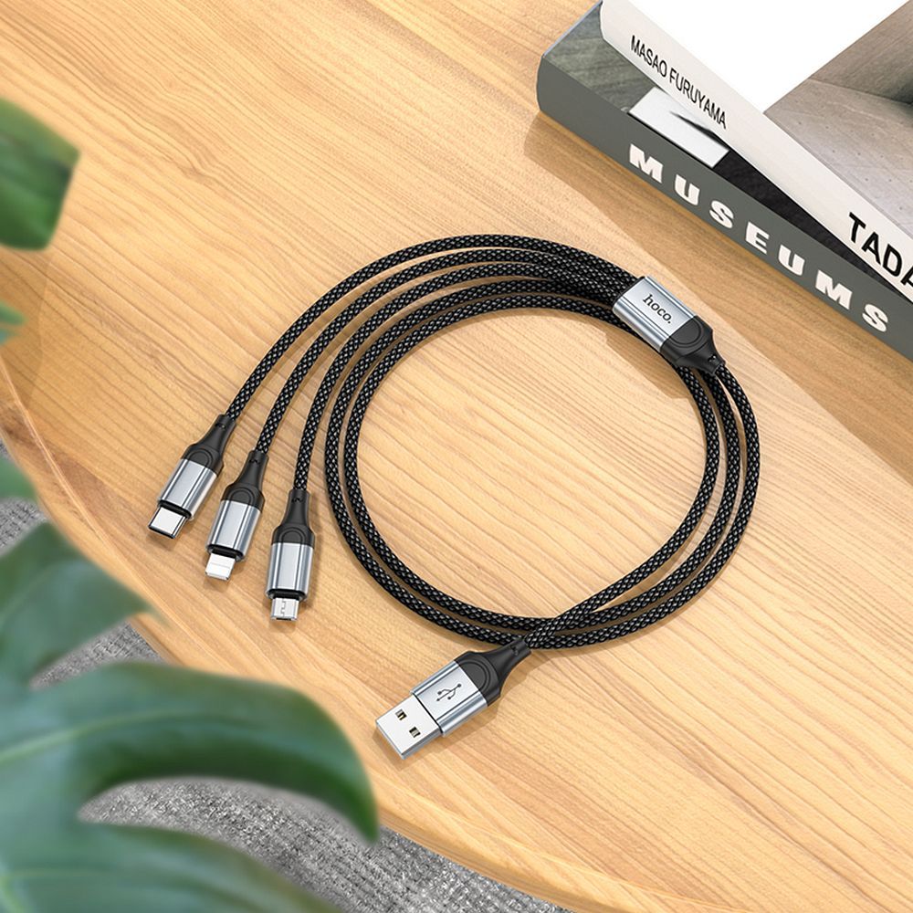 Kabel do ładowania USB-A - Lightning / microUSB / USB-C HOCO X102 3w1, 18W, 1m, czarny 