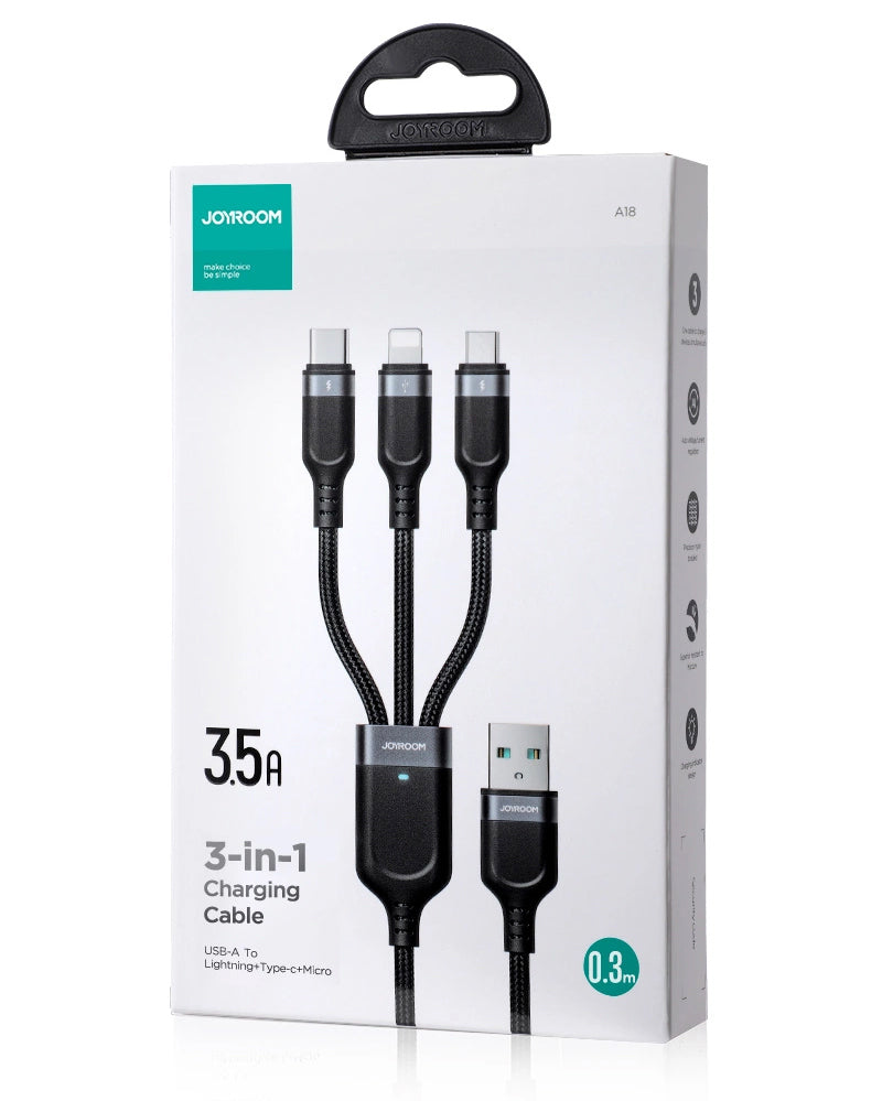 Kabel do ładowania USB-A - Lightning / microUSB / USB-C Joyroom S-A18 3w1, 20W, 0,3m, Czarny
