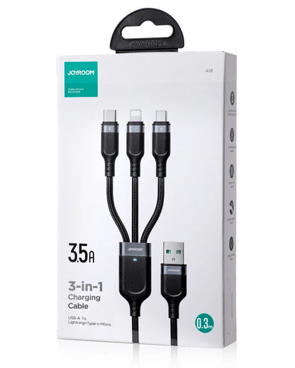 Kabel do ładowania USB-A - Lightning / microUSB / USB-C Joyroom S-A18 3w1, 20W, 0,3m, Czarny