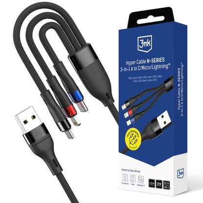Kabel Ładowania USB-A - Lightning / microUSB / USB-C 3MK Hyper N, 18W, 1.2m, Czarny