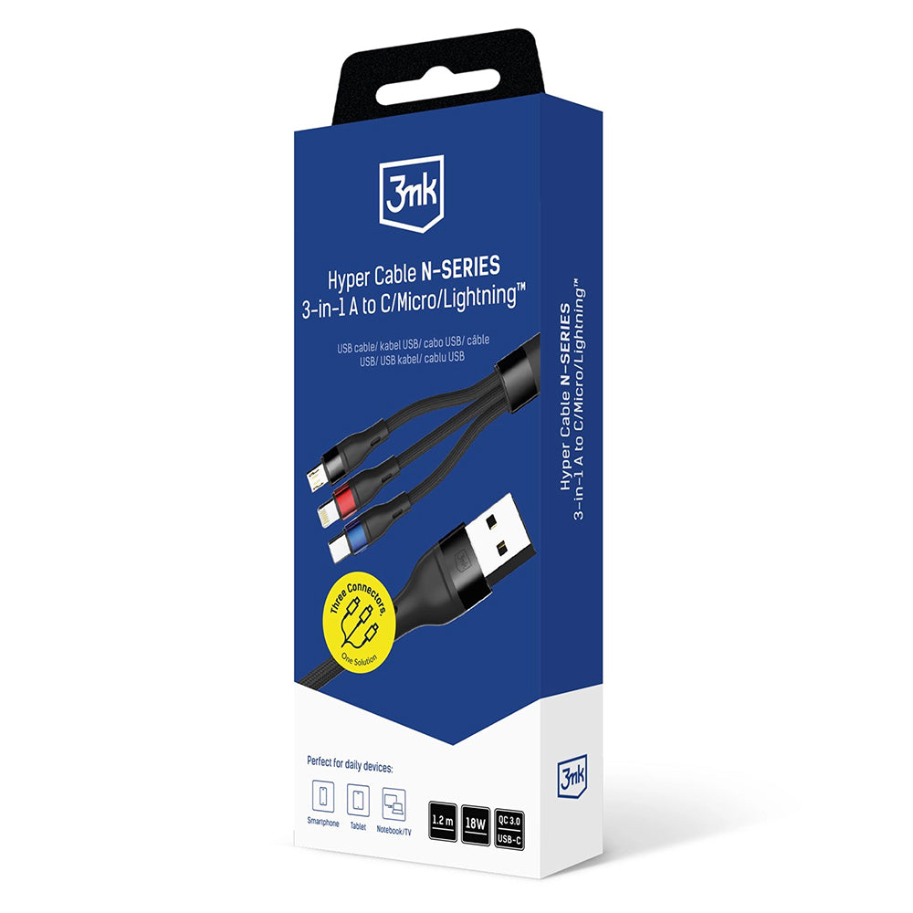 Kabel Ładowania USB-A - Lightning / microUSB / USB-C 3MK Hyper N, 18W, 1.2m, Czarny