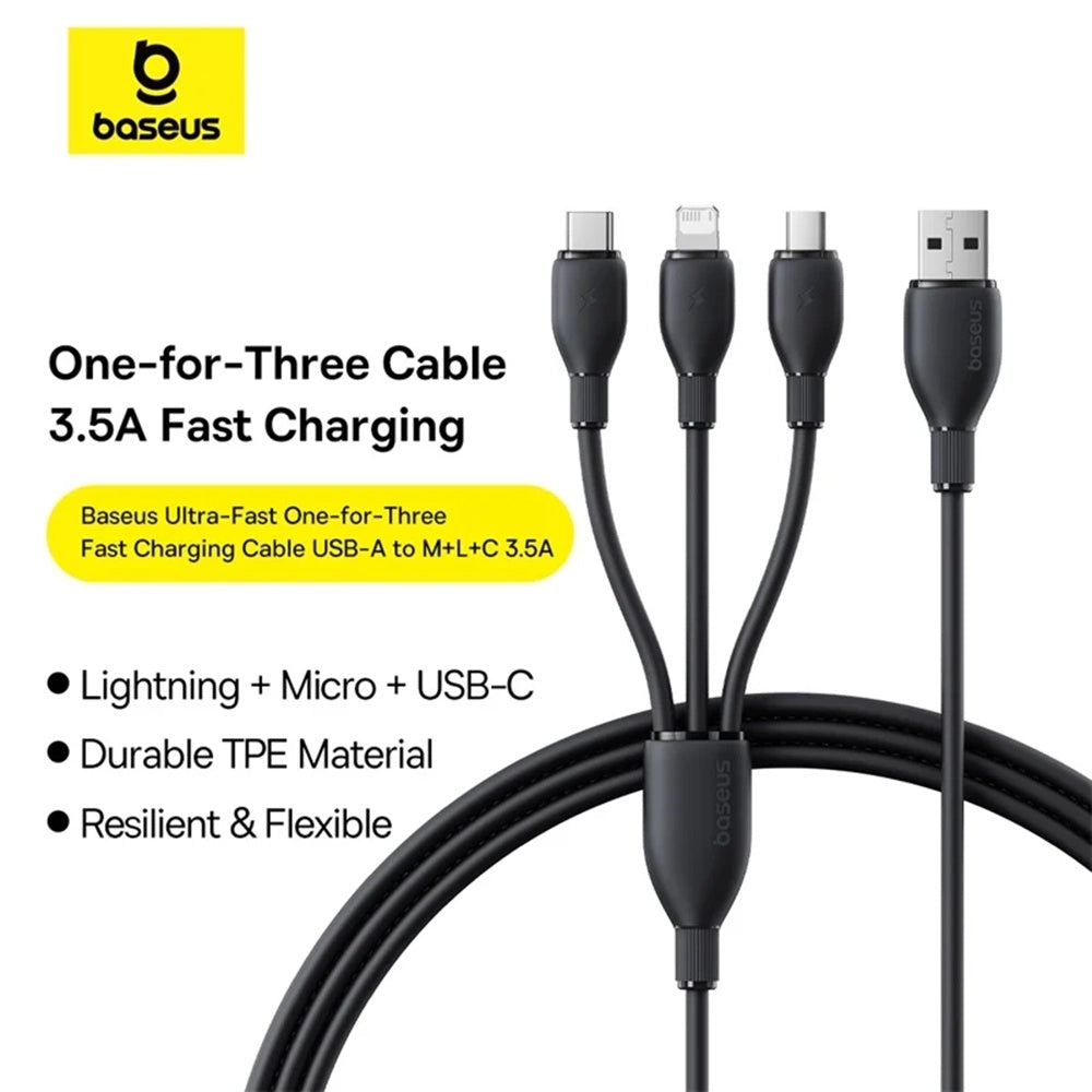 Kabel Ładowania USB-A - Lightning / microUSB / USB-C Baseus Ultra Fast 3w1, 18W, 1.3m, Czarny P10376303121-00
