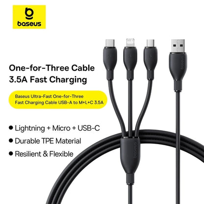 Kabel Ładowania USB-A - Lightning / microUSB / USB-C Baseus Ultra Fast 3w1, 18W, 1.3m, Czarny P10376303121-00