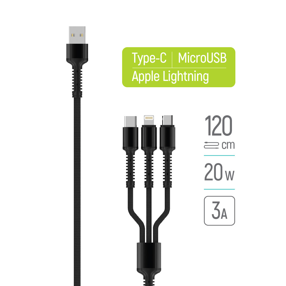Kabel do ładowania USB-A - Lightning / microUSB / USB-C ColorWay CW-CBU3003, 20W, 1.2m, Szary