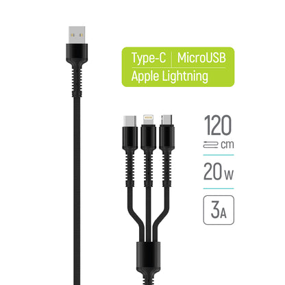 Kabel do ładowania USB-A - Lightning / microUSB / USB-C ColorWay CW-CBU3003, 20W, 1.2m, Szary