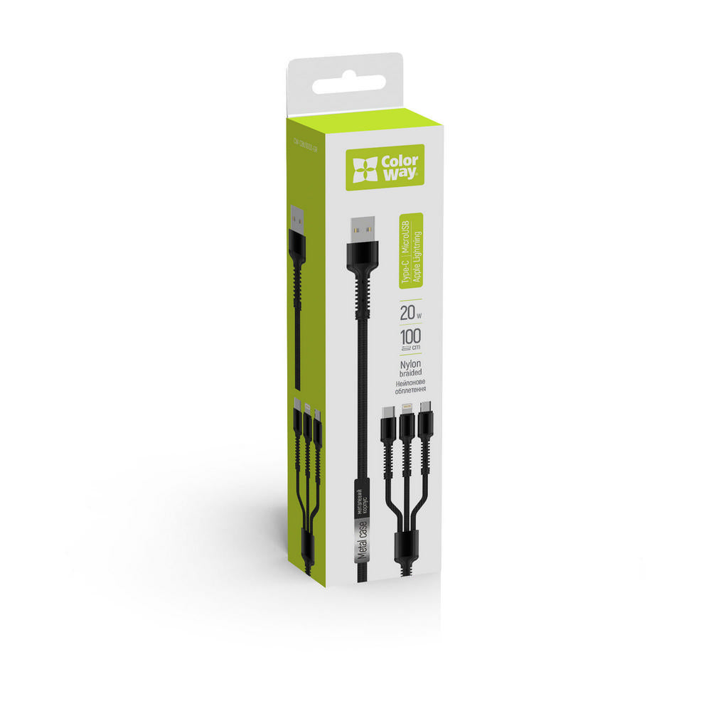 Kabel do ładowania USB-A - Lightning / microUSB / USB-C ColorWay CW-CBU3003, 20W, 1.2m, Szary