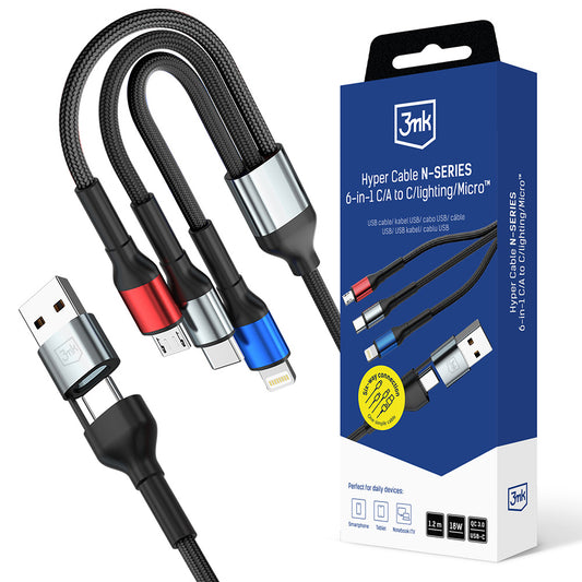 Kabel ładowania USB-A / USB-C - Lightning / microUSB / USB-C 3MK Hyper N, 18W, 1.2m, Czarny