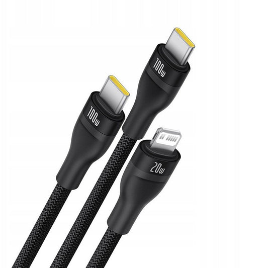 Kabel Ładowania USB-C - Lightning / 2 x USB-C Baseus Flash Series III 3w1, 100W, 1.5m, Czarny P10377502111-00