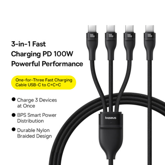 Kabel ładowania USB-C - 3 x USB-C Baseus Flash Series III 3w1, 100W, 1,5m, Czarny P10377503111-00