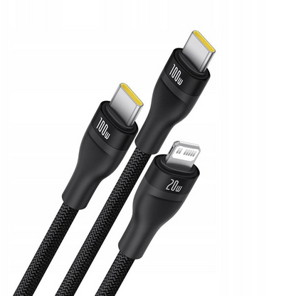 Kabel ładujący USB-C - Lightning / 2 x USB-C Baseus Flash Series III 3in1, 100W, 1,5m, Czarny, Ponownie zapakowany P10377502111-00