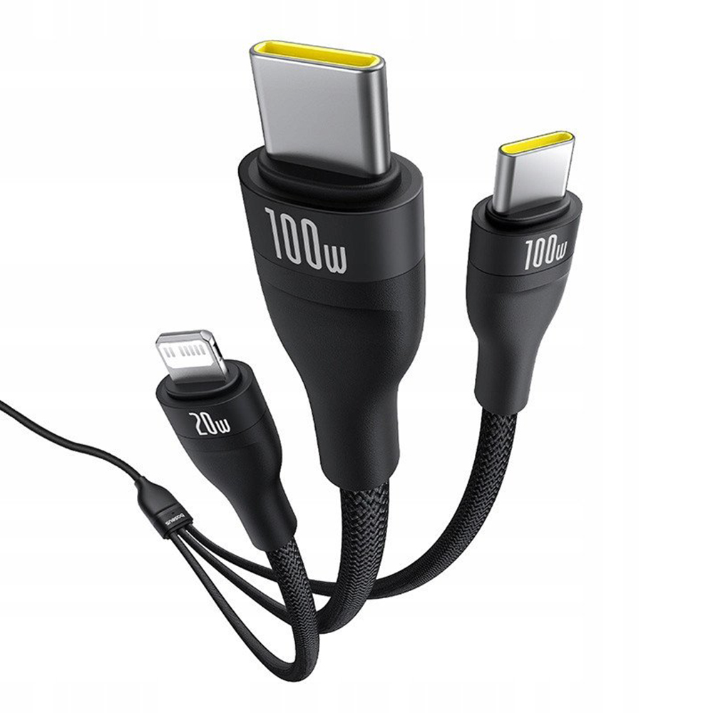 Kabel ładujący USB-C - Lightning / 2 x USB-C Baseus Flash Series III 3in1, 100W, 1,5m, Czarny, Ponownie zapakowany P10377502111-00